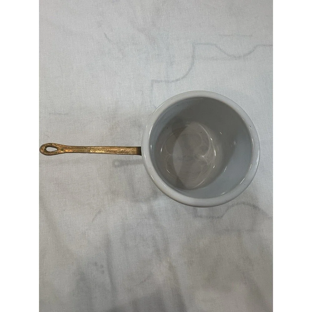 Vintage White Stoneware Double Boiler Pot Insert Copper & Brass Handle 1.5 QT